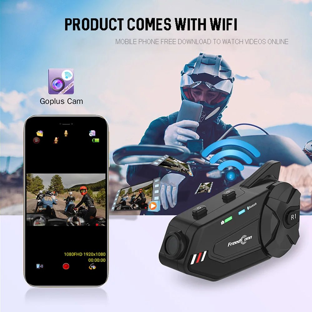 Freedconn Intercomunicador de Casco de Motocicleta con Bluetooth, Auricular R1Plus, Wifi, App, Altavoz, Interfono, Motor, Controlador de Cámara de Tablero