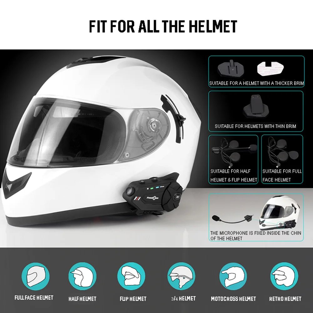 Freedconn Intercomunicador de Casco de Motocicleta con Bluetooth, Auricular R1Plus, Wifi, App, Altavoz, Interfono, Motor, Controlador de Cámara de Tablero