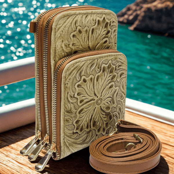 PORTA CEL TRIPLE CAFE CLARO Porta Celular Triple en Piel Genuina